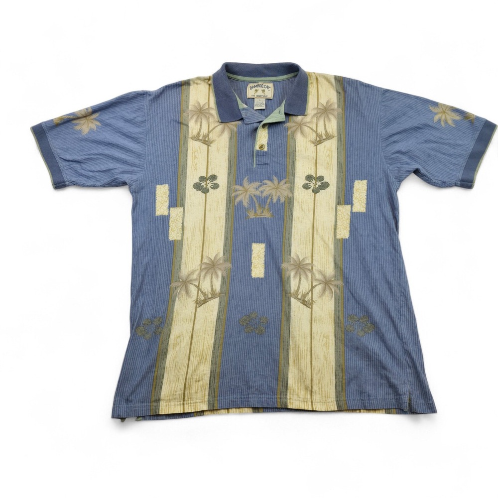 Bamboo Cay Mens Resortwear Polo Shirt Palm Tree Floral Striped Blue Size L